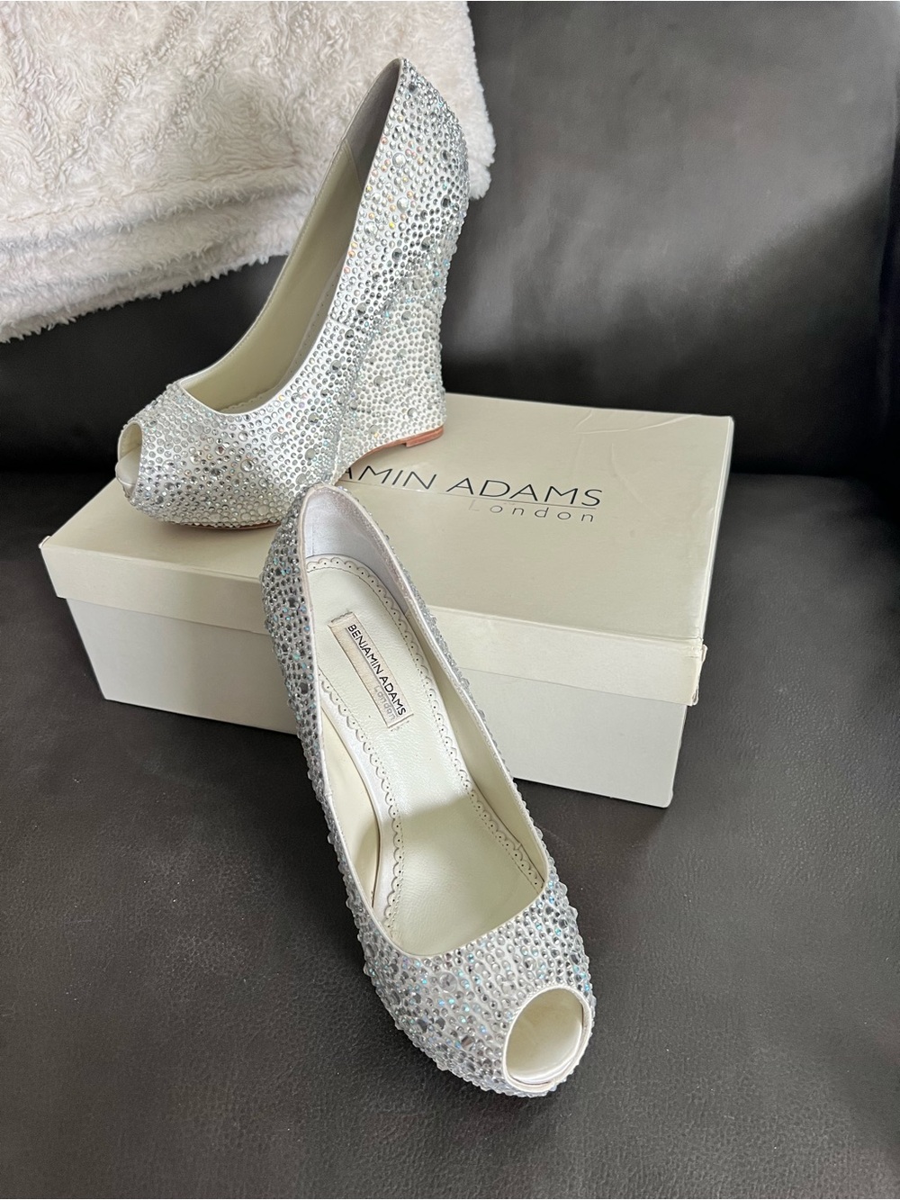 Benjamin Adams Silver Crystal Peep-Toe Wedge Heels